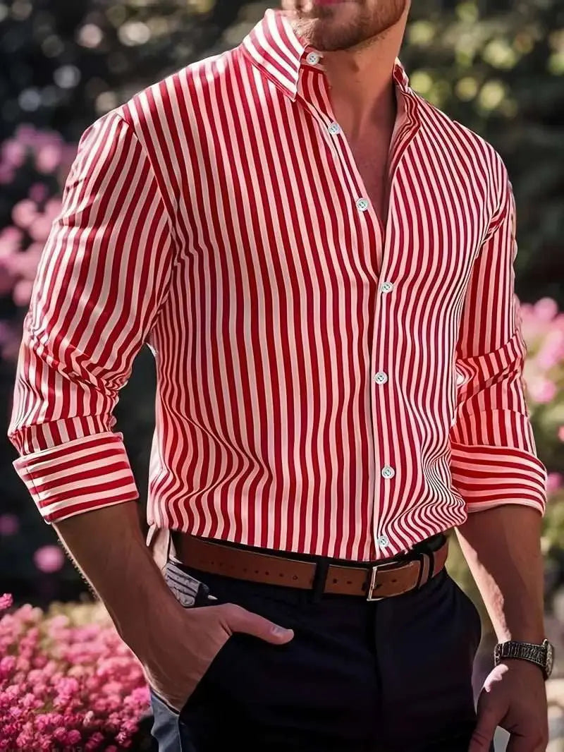 Ins Stripe Printed Long Sleeve Shirt Men Fashion Casual Lapel Button Top Clothing - AMIR BAGS INDIA PRIVATE LIMITED