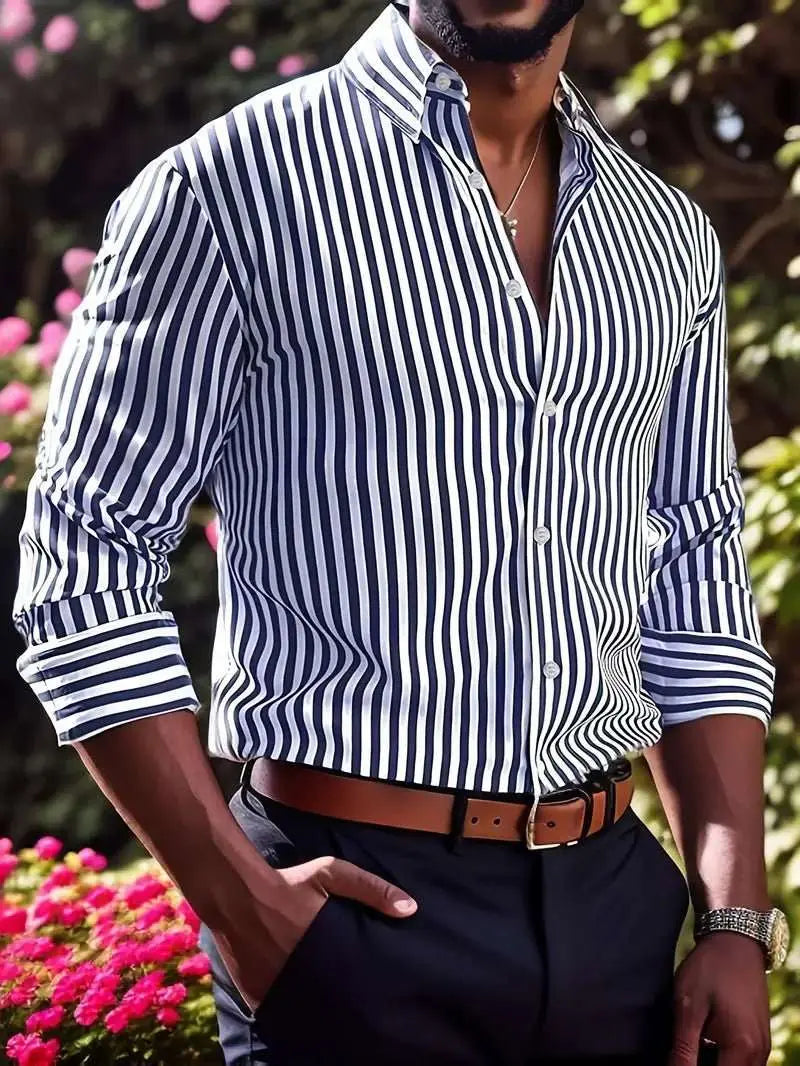 Ins Stripe Printed Long Sleeve Shirt Men Fashion Casual Lapel Button Top Clothing - AMIR BAGS INDIA PRIVATE LIMITED