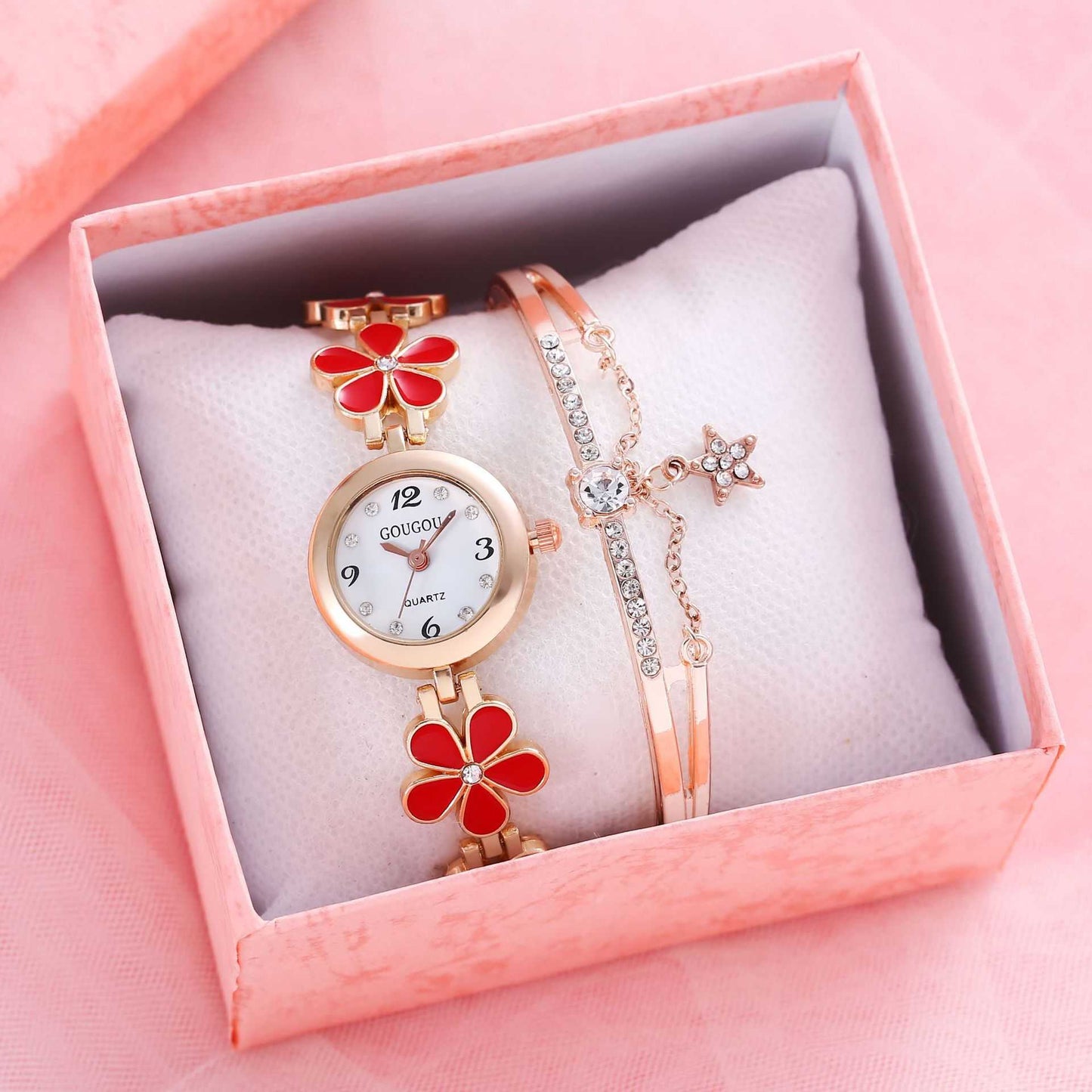 Ladies Petal Patterned Quartz Watch Bracelet Set - AMIR BAGS INDIA PRIVATE LIMITED