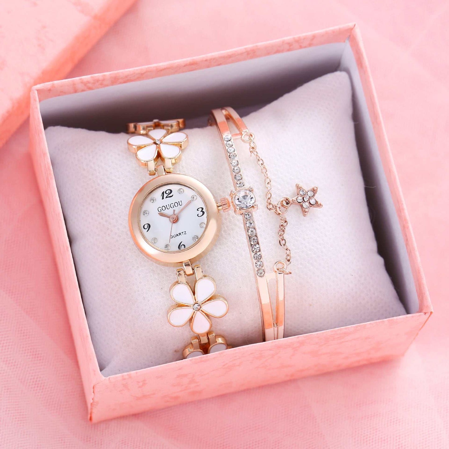 Ladies Petal Patterned Quartz Watch Bracelet Set - AMIR BAGS INDIA PRIVATE LIMITED