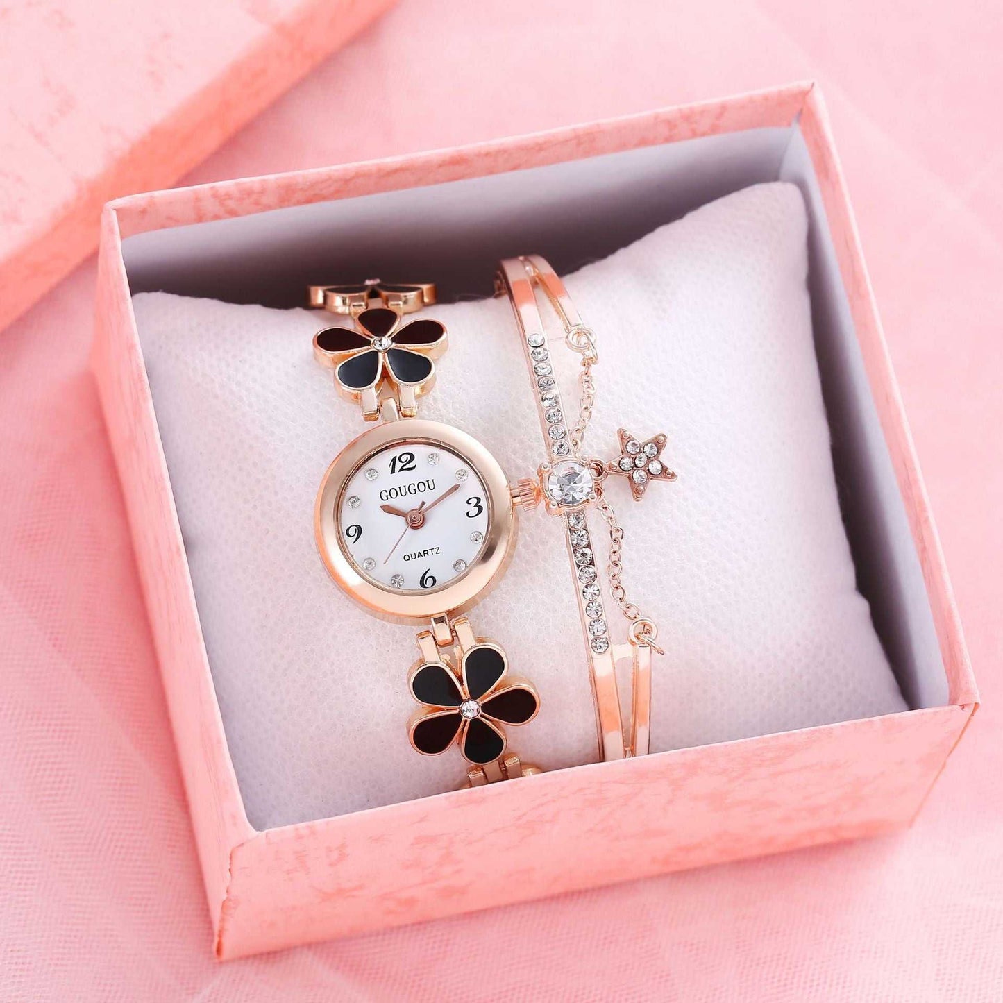 Ladies Petal Patterned Quartz Watch Bracelet Set - AMIR BAGS INDIA PRIVATE LIMITED