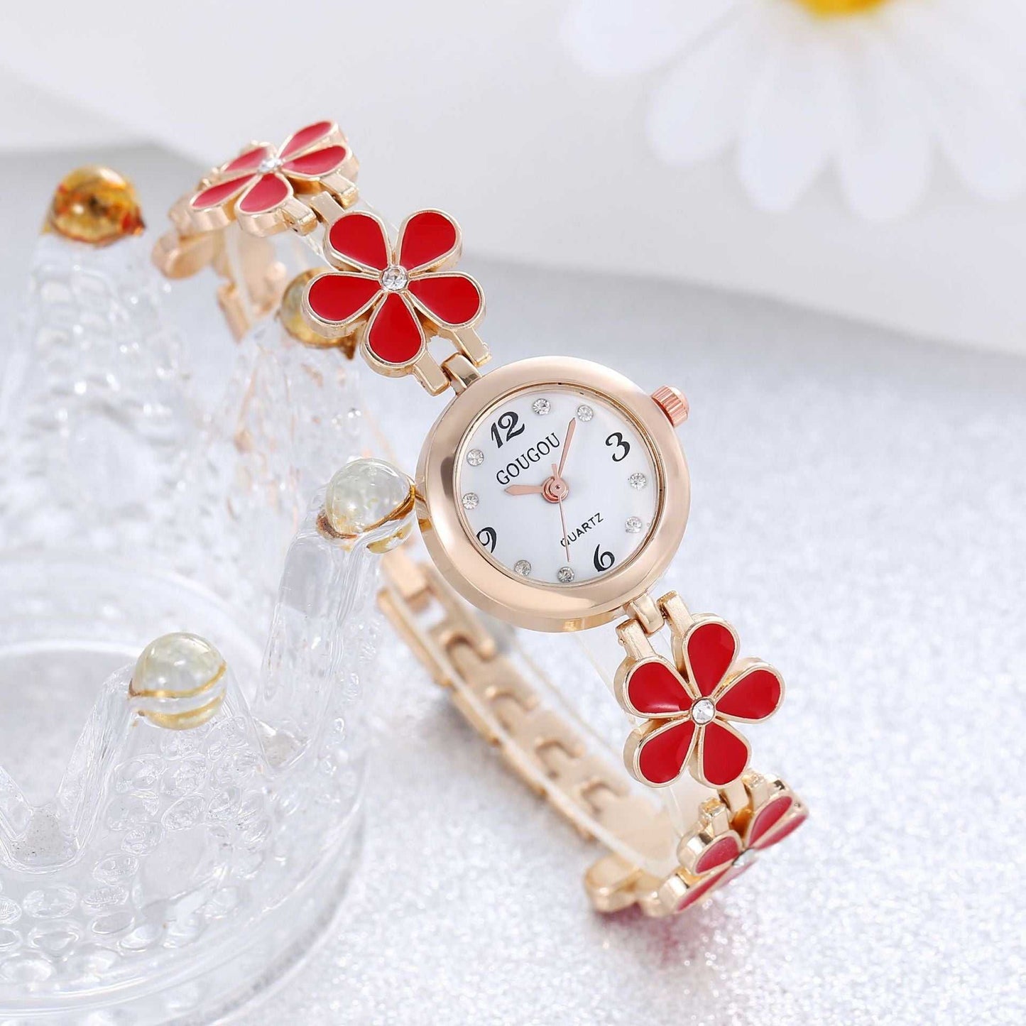 Ladies Petal Patterned Quartz Watch Bracelet Set - AMIR BAGS INDIA PRIVATE LIMITED