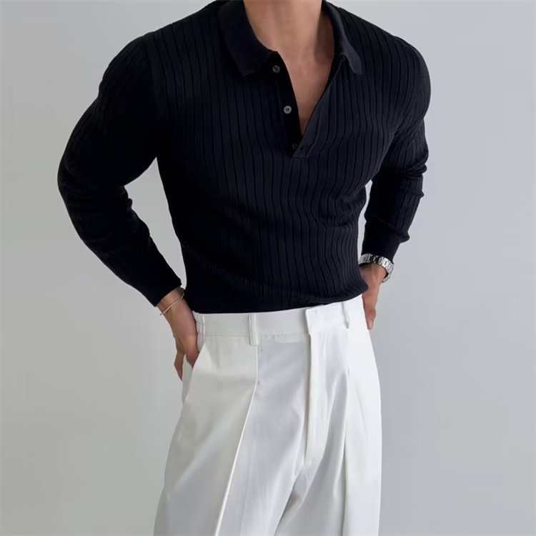 Lapel Button Long Sleeve Polo Shirt Slim Fashion Solid Striped Knitted Bottoming Shirt Top Men's Clothing - AMIR BAGS INDIA PRIVATE LIMITED