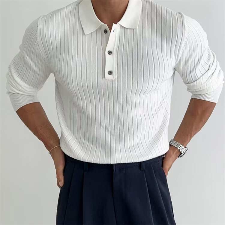 Lapel Button Long Sleeve Polo Shirt Slim Fashion Solid Striped Knitted Bottoming Shirt Top Men's Clothing - AMIR BAGS INDIA PRIVATE LIMITED