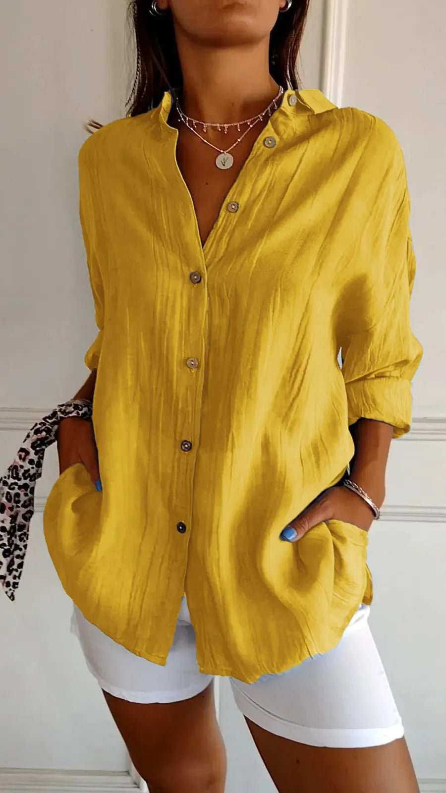 Lapel Long Sleeve Shirt Women's Single - breasted Pleated Shirt - AMIR BAGS INDIA PRIVATE LIMITED