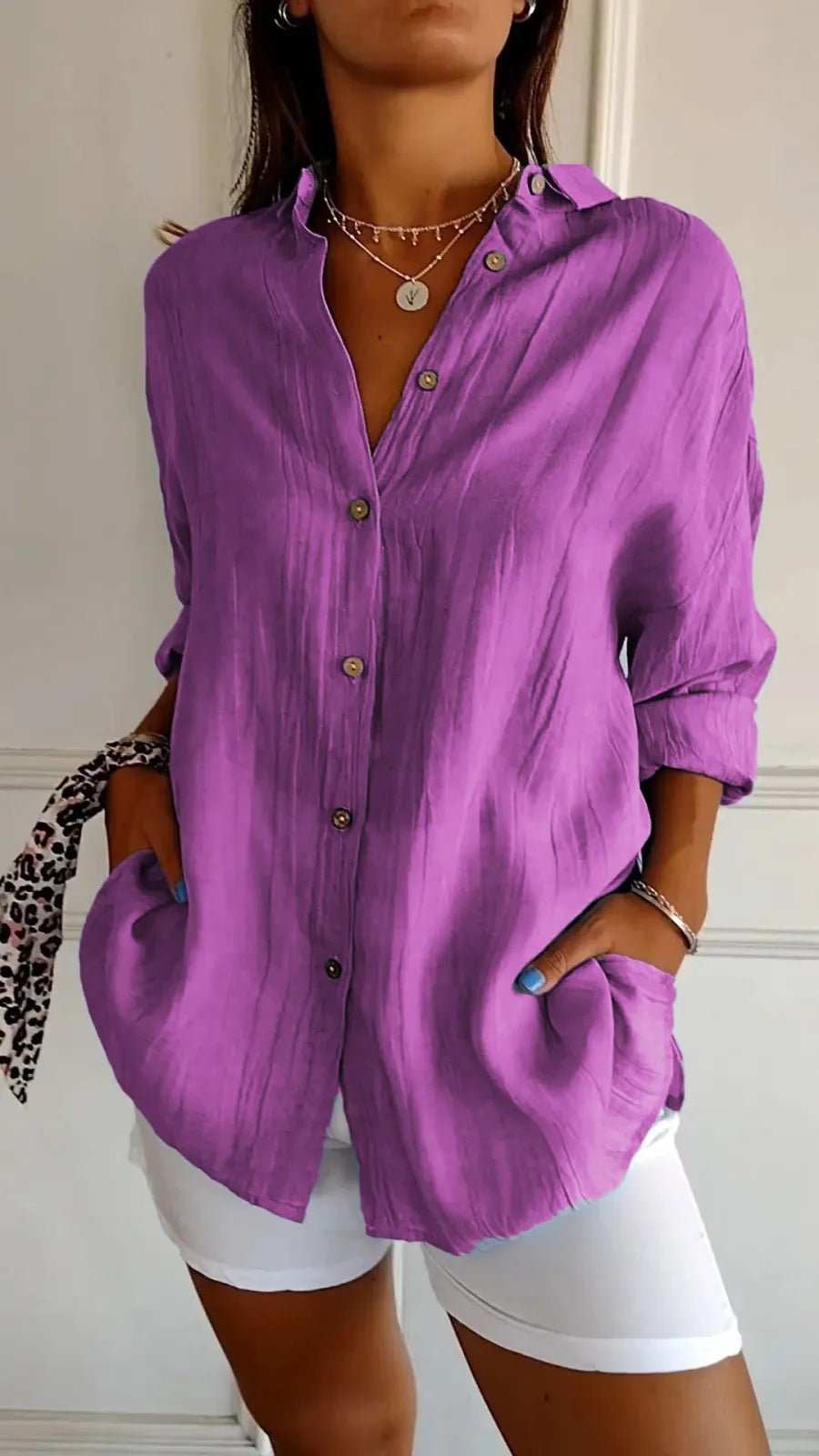 Lapel Long Sleeve Shirt Women's Single - breasted Pleated Shirt - AMIR BAGS INDIA PRIVATE LIMITED