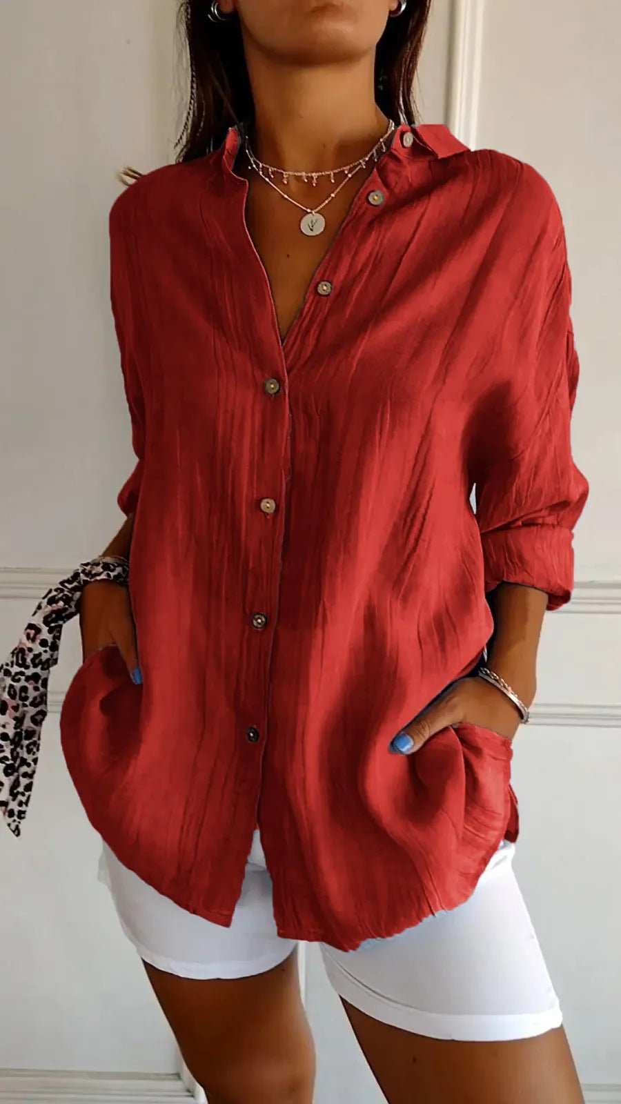 Lapel Long Sleeve Shirt Women's Single - breasted Pleated Shirt - AMIR BAGS INDIA PRIVATE LIMITED