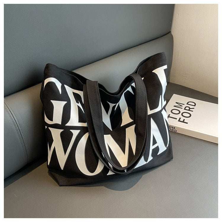 Large Capacity Canvas Bag Women Letter Printed Shoulder Travel Simple Handbags Travel Casual Daily Shopping Bags Totes - AMIR BAGS INDIA PRIVATE LIMITED