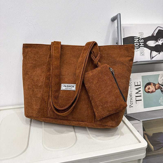 Large - capacity Corduroy Shoulder Bag With Small Woman Purses Composite Bag Solid Color Handbags For Women Winter And Spring - AMIR BAGS INDIA PRIVATE LIMITED