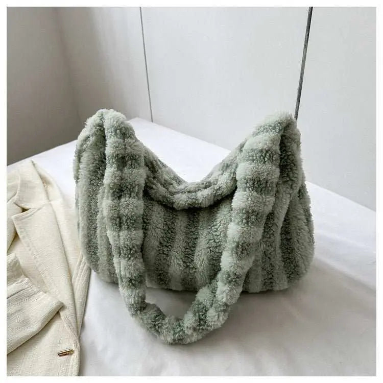 Large - capacity Striped Plush Bag Winter New Fashion Portable Tote Shoulder Bags Shopping Furry Handbags For Women - AMIR BAGS INDIA PRIVATE LIMITED