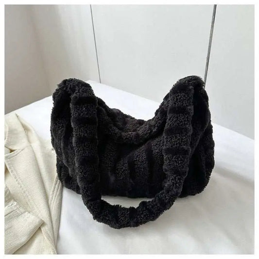 Large - capacity Striped Plush Bag Winter New Fashion Portable Tote Shoulder Bags Shopping Furry Handbags For Women - AMIR BAGS INDIA PRIVATE LIMITED