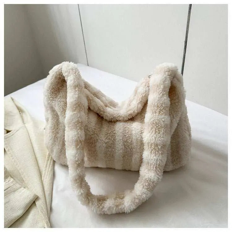 Large - capacity Striped Plush Bag Winter New Fashion Portable Tote Shoulder Bags Shopping Furry Handbags For Women - AMIR BAGS INDIA PRIVATE LIMITED