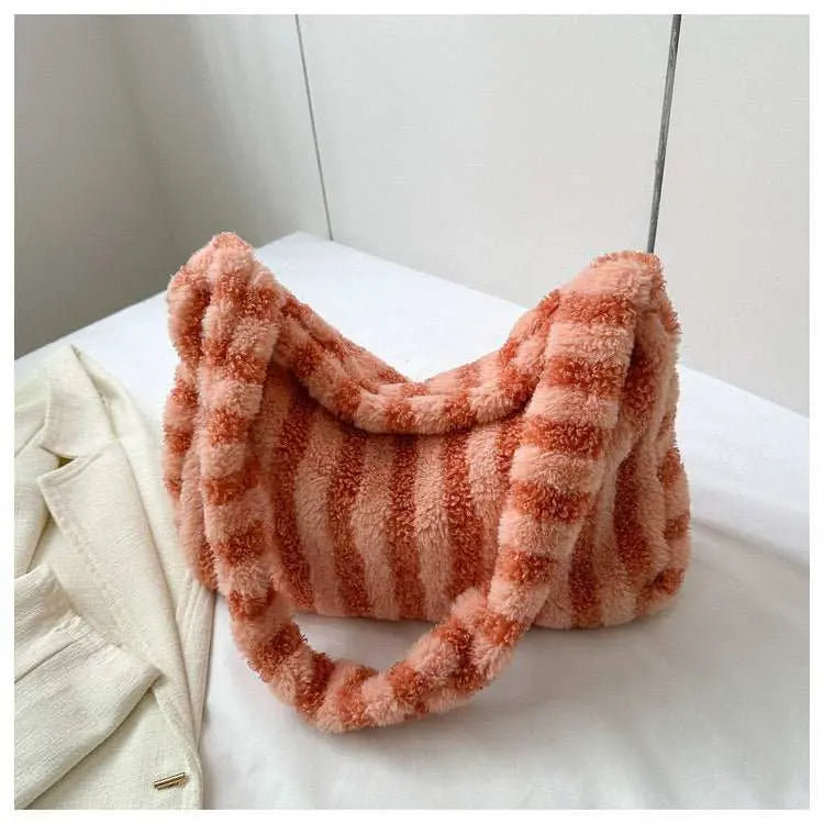 Large - capacity Striped Plush Bag Winter New Fashion Portable Tote Shoulder Bags Shopping Furry Handbags For Women - AMIR BAGS INDIA PRIVATE LIMITED
