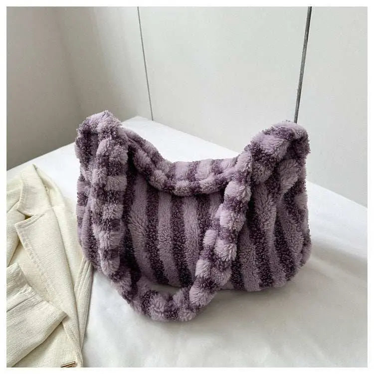 Large - capacity Striped Plush Bag Winter New Fashion Portable Tote Shoulder Bags Shopping Furry Handbags For Women - AMIR BAGS INDIA PRIVATE LIMITED