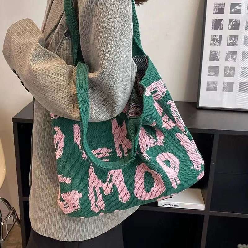 Letter Printed Knit Bag Fashion Shopping Shoulder Bag Large Capacity Handbag - AMIR BAGS INDIA PRIVATE LIMITED