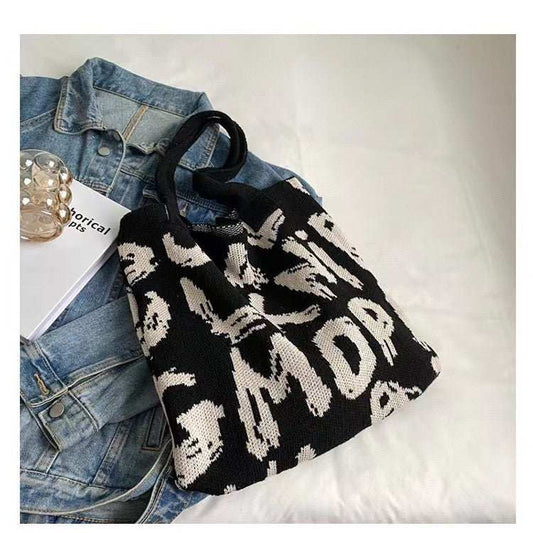 Letter Printed Knit Bag Fashion Shopping Shoulder Bag Large Capacity Handbag - AMIR BAGS INDIA PRIVATE LIMITED