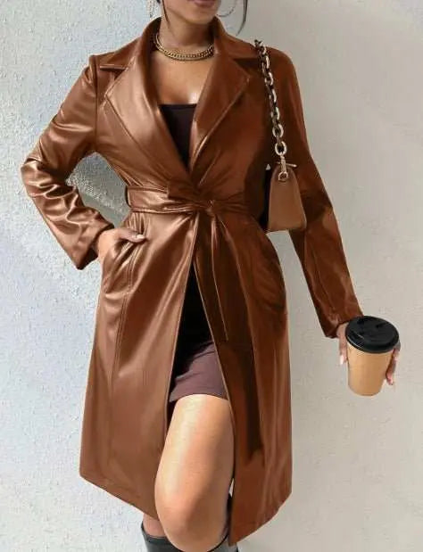 Long Sleeve Lapel PU Leather Jacket With Pockets Slim Fit Long Trench Coat Women's Clothing - AMIR BAGS INDIA PRIVATE LIMITED