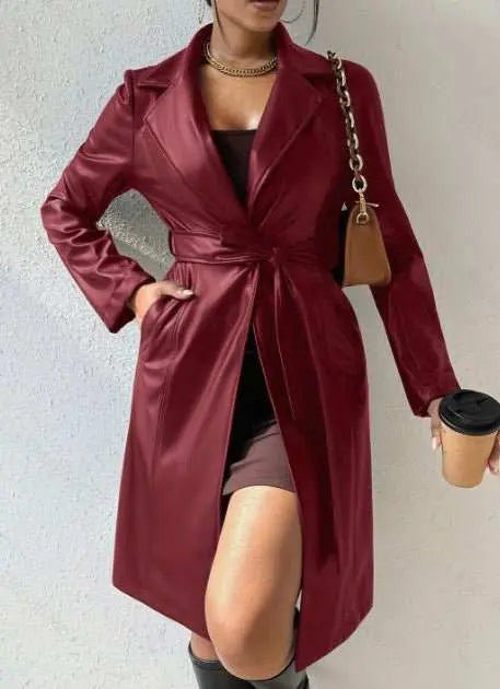 Long Sleeve Lapel PU Leather Jacket With Pockets Slim Fit Long Trench Coat Women's Clothing - AMIR BAGS INDIA PRIVATE LIMITED