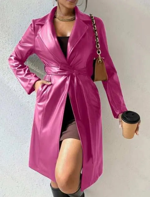 Long Sleeve Lapel PU Leather Jacket With Pockets Slim Fit Long Trench Coat Women's Clothing - AMIR BAGS INDIA PRIVATE LIMITED