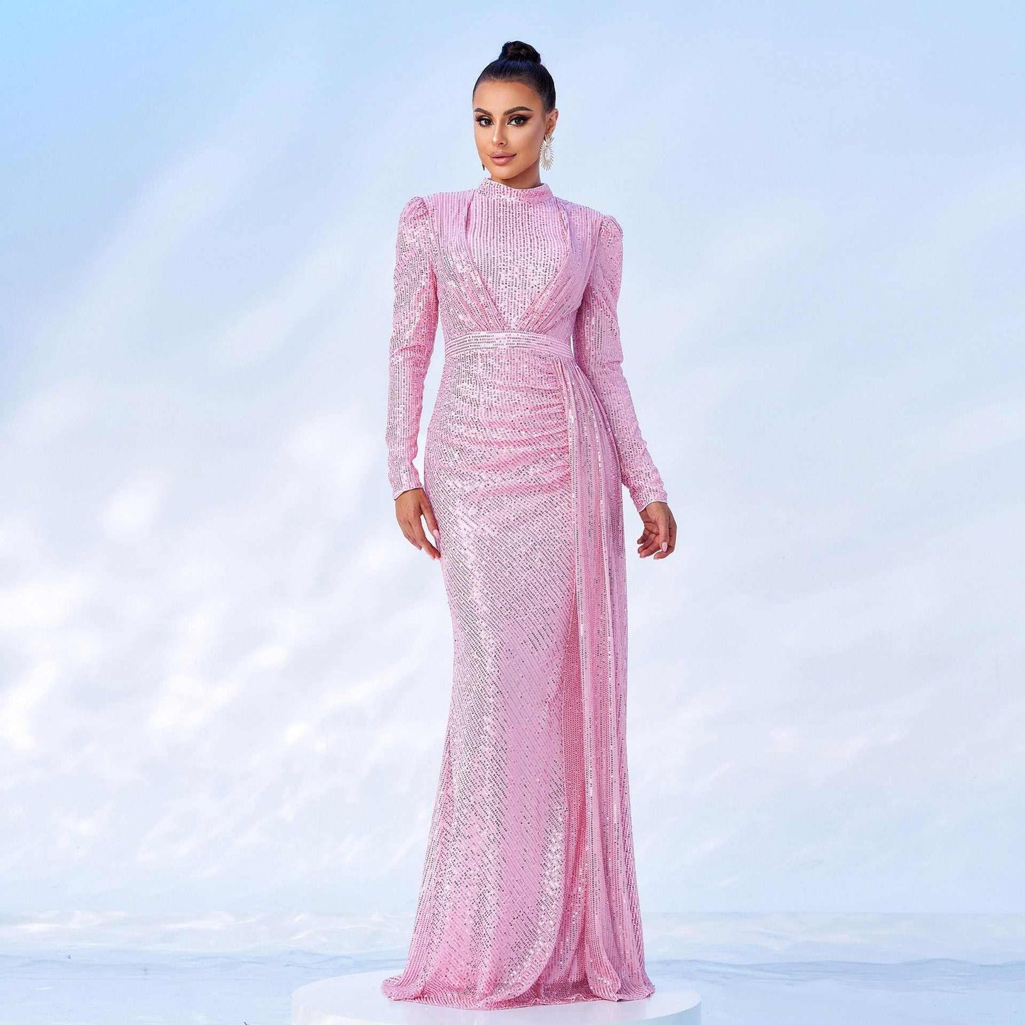 Long Sleeve Round Neck Sexy Slim Long Sequined Banquet Dress - AMIR BAGS INDIA PRIVATE LIMITED