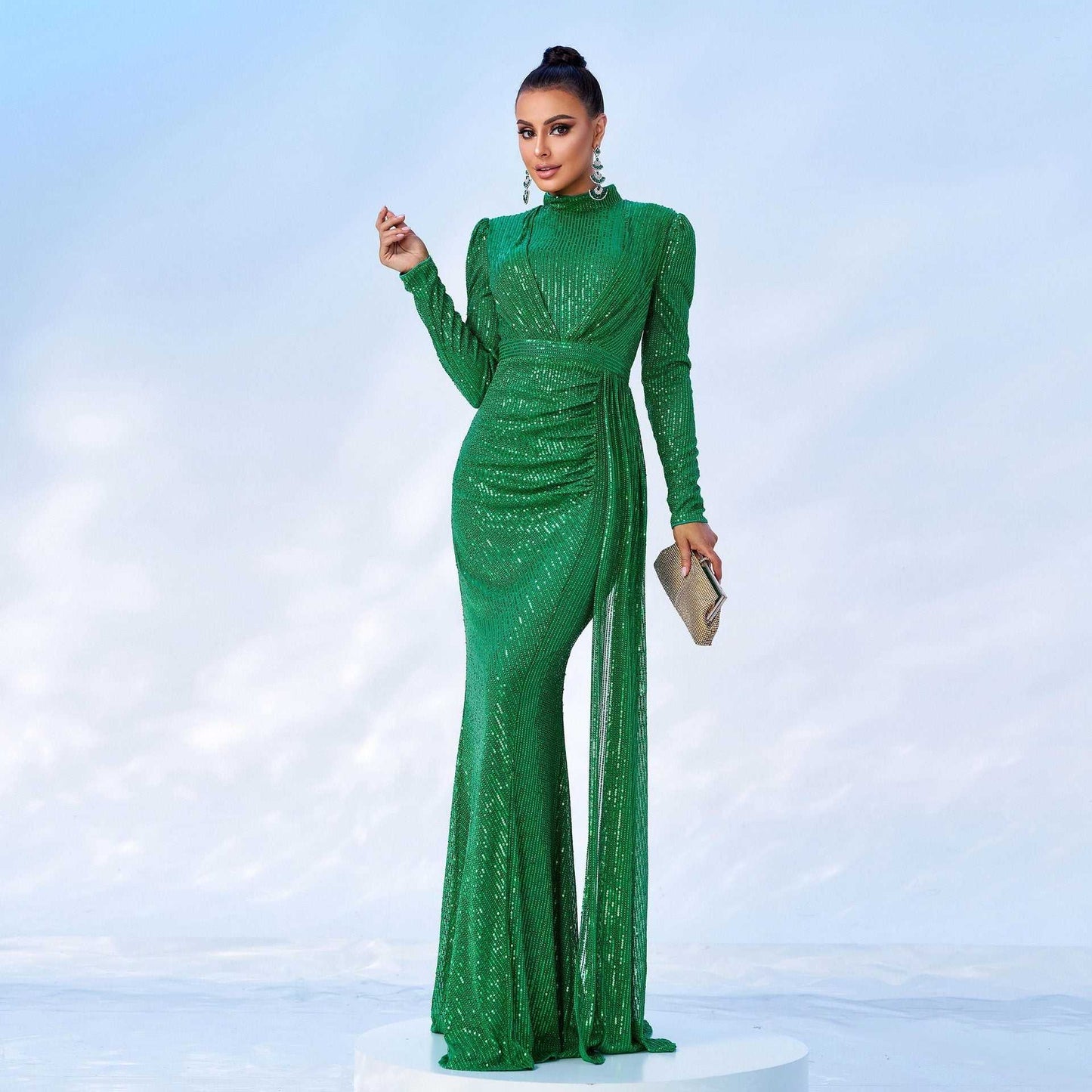 Long Sleeve Round Neck Sexy Slim Long Sequined Banquet Dress - AMIR BAGS INDIA PRIVATE LIMITED
