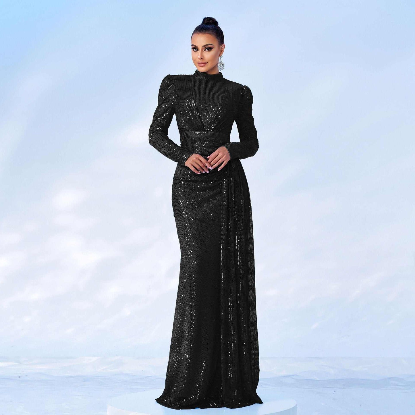 Long Sleeve Round Neck Sexy Slim Long Sequined Banquet Dress - AMIR BAGS INDIA PRIVATE LIMITED