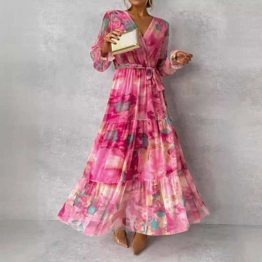 Long - sleeved Floral Print Dress Elegant V - neck Pleated High - waisted Big Swing Chiffon Maxi Dresses For Women Clothing - AMIR BAGS INDIA PRIVATE LIMITED