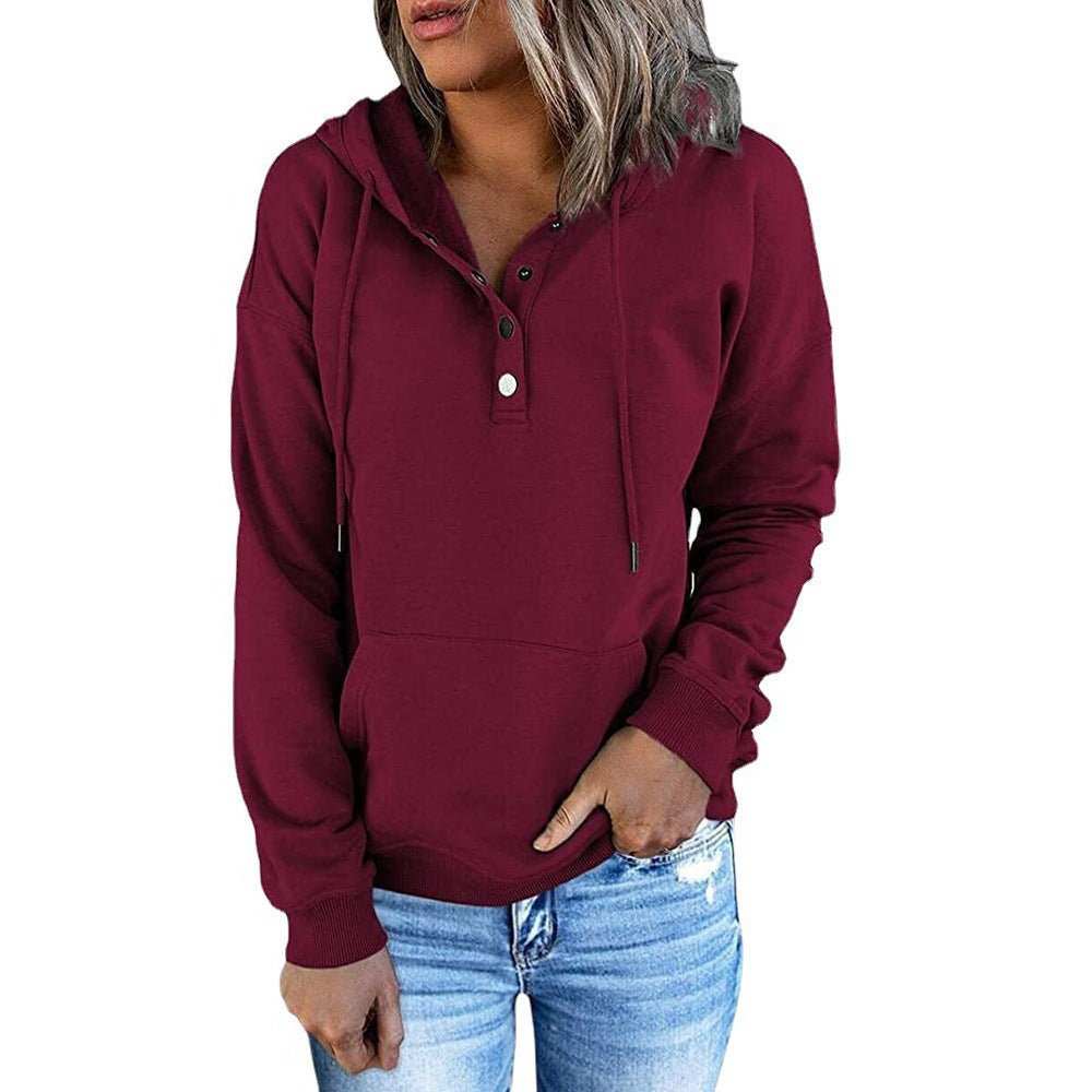 Long - sleeved Hooded Sweatshirt With Pockets Fashion Casual Button Drawstring Design Hoodie Top Spring And Autumn Sports Clothing For Women - AMIR BAGS INDIA PRIVATE LIMITED