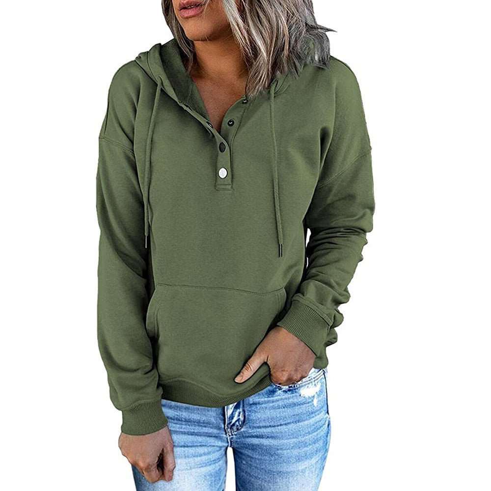 Long - sleeved Hooded Sweatshirt With Pockets Fashion Casual Button Drawstring Design Hoodie Top Spring And Autumn Sports Clothing For Women - AMIR BAGS INDIA PRIVATE LIMITED