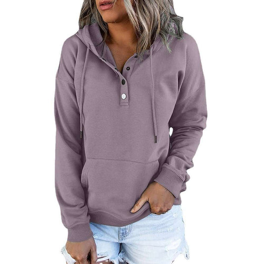 Long - sleeved Hooded Sweatshirt With Pockets Fashion Casual Button Drawstring Design Hoodie Top Spring And Autumn Sports Clothing For Women - AMIR BAGS INDIA PRIVATE LIMITED