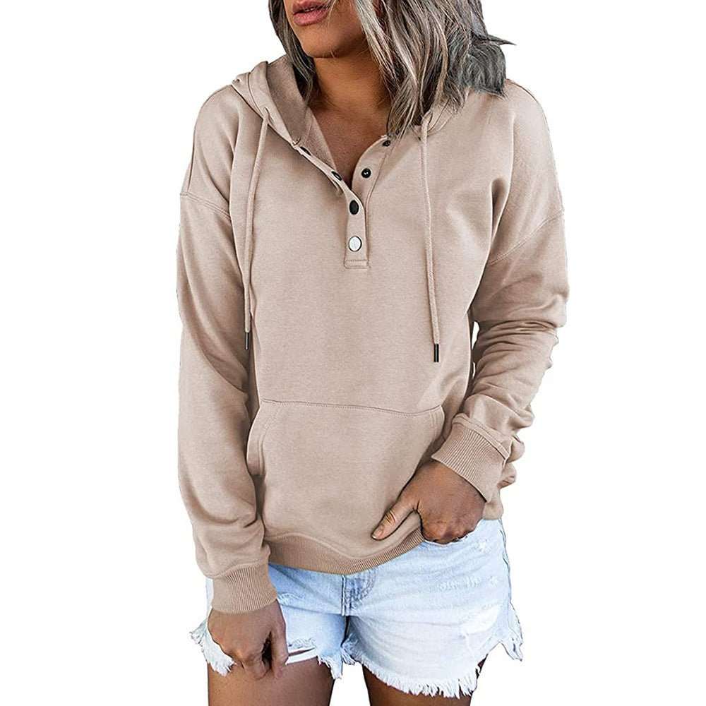 Long - sleeved Hooded Sweatshirt With Pockets Fashion Casual Button Drawstring Design Hoodie Top Spring And Autumn Sports Clothing For Women - AMIR BAGS INDIA PRIVATE LIMITED