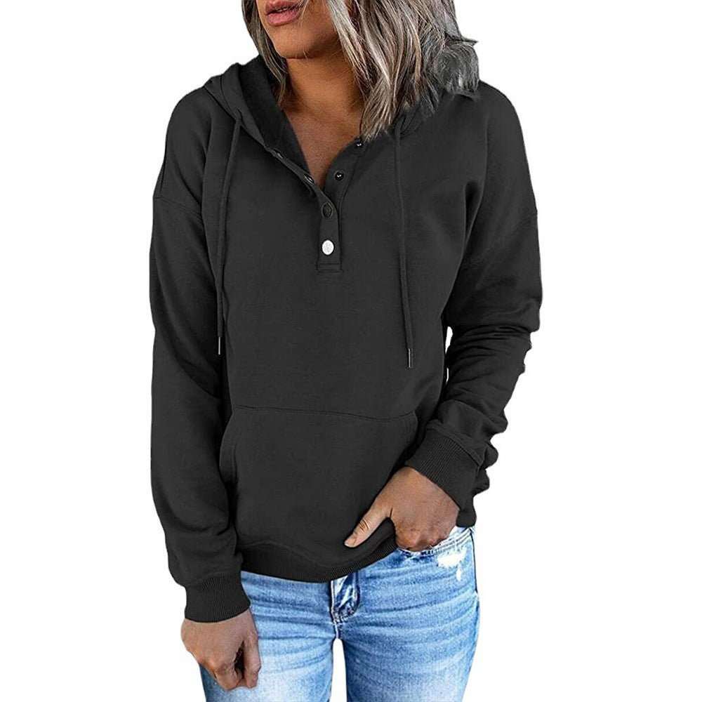 Long - sleeved Hooded Sweatshirt With Pockets Fashion Casual Button Drawstring Design Hoodie Top Spring And Autumn Sports Clothing For Women - AMIR BAGS INDIA PRIVATE LIMITED