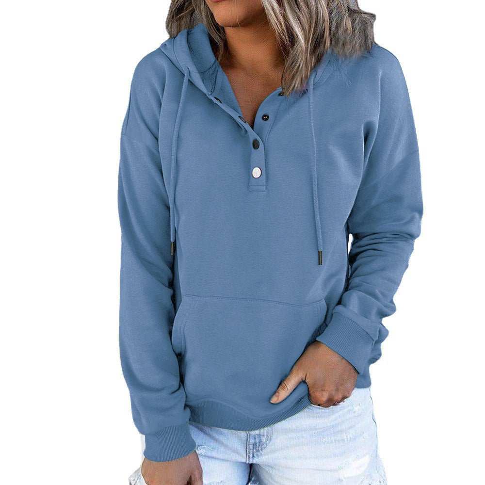 Long - sleeved Hooded Sweatshirt With Pockets Fashion Casual Button Drawstring Design Hoodie Top Spring And Autumn Sports Clothing For Women - AMIR BAGS INDIA PRIVATE LIMITED