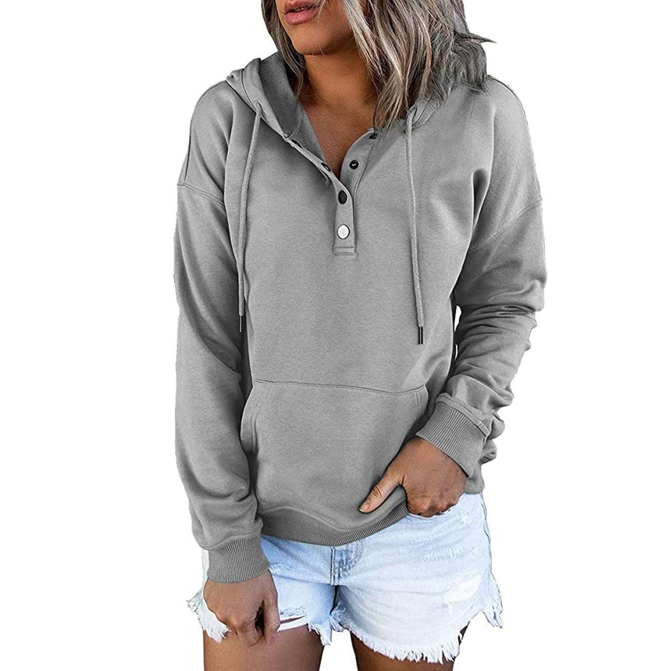 Long - sleeved Hooded Sweatshirt With Pockets Fashion Casual Button Drawstring Design Hoodie Top Spring And Autumn Sports Clothing For Women - AMIR BAGS INDIA PRIVATE LIMITED