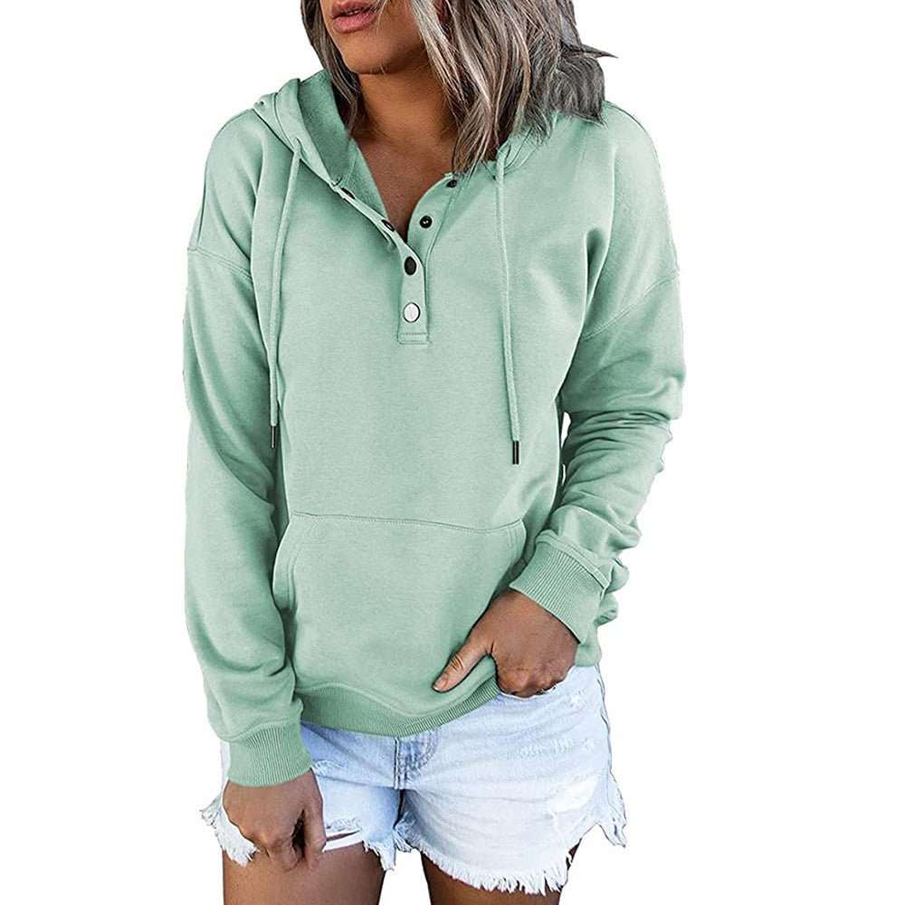 Long - sleeved Hooded Sweatshirt With Pockets Fashion Casual Button Drawstring Design Hoodie Top Spring And Autumn Sports Clothing For Women - AMIR BAGS INDIA PRIVATE LIMITED