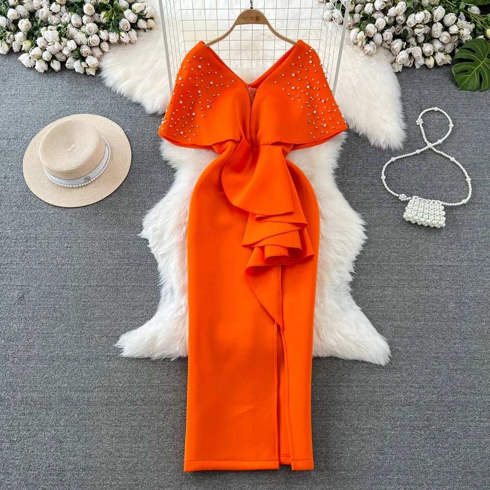 Luxury Elegant Formal Dress for Women Banquets Socialites Work Office Dresses Beads V - Neck Hip Wrap Dresses - AMIR BAGS INDIA PRIVATE LIMITED