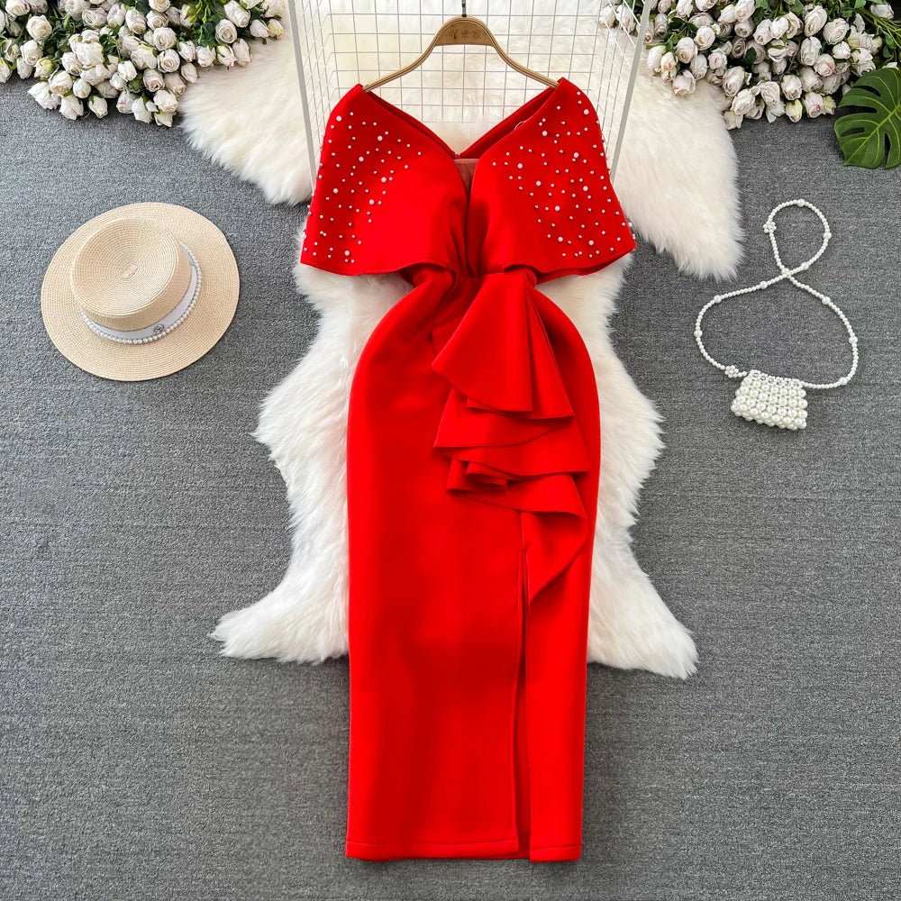 Luxury Elegant Formal Dress for Women Banquets Socialites Work Office Dresses Beads V - Neck Hip Wrap Dresses - AMIR BAGS INDIA PRIVATE LIMITED