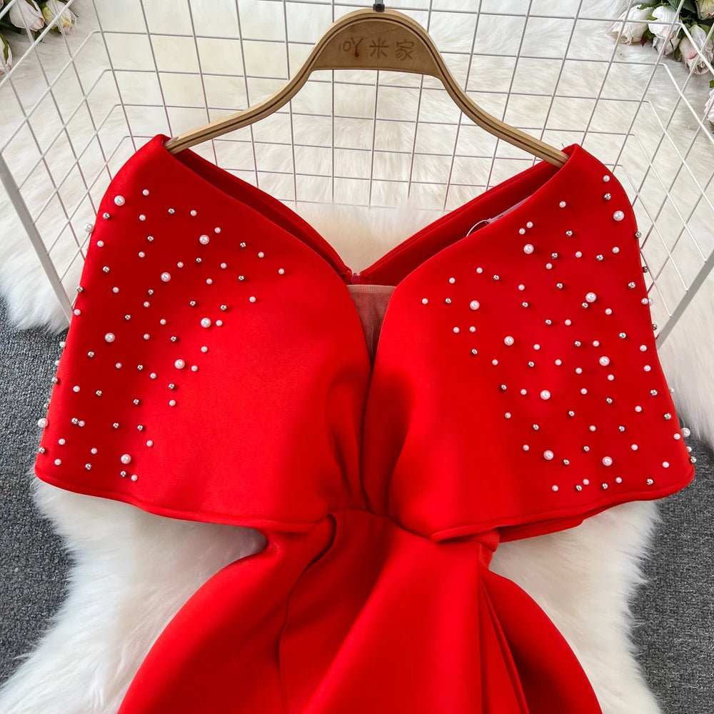 Luxury Elegant Formal Dress for Women Banquets Socialites Work Office Dresses Beads V - Neck Hip Wrap Dresses - AMIR BAGS INDIA PRIVATE LIMITED