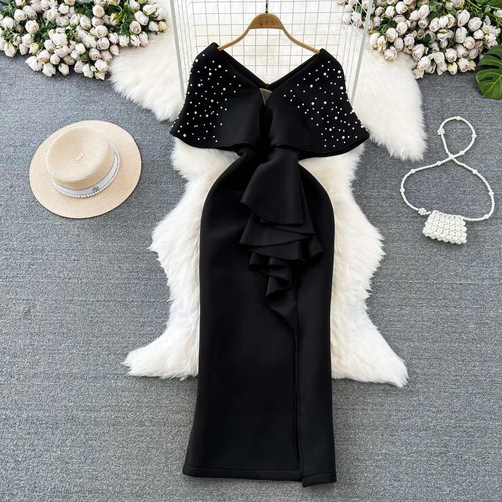 Luxury Elegant Formal Dress for Women Banquets Socialites Work Office Dresses Beads V - Neck Hip Wrap Dresses - AMIR BAGS INDIA PRIVATE LIMITED