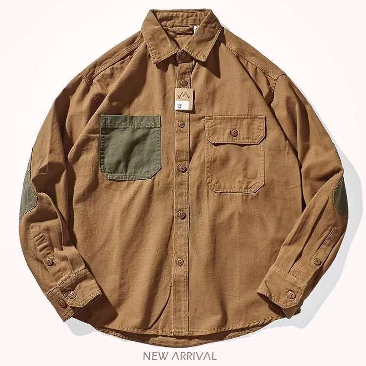 Men Clothing Sleeve Stick Cloth Washed Cotton Long - sleeved Shirt Men's Daily Tooling Retro Trend Youth Shirt Coat - AMIR BAGS INDIA PRIVATE LIMITED