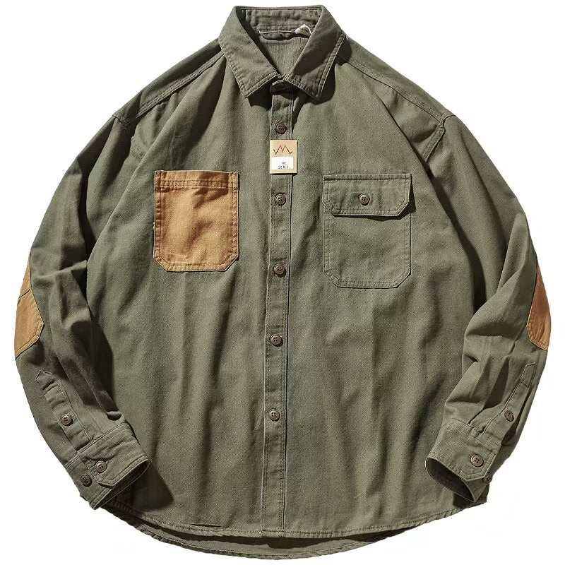 Men Clothing Sleeve Stick Cloth Washed Cotton Long - sleeved Shirt Men's Daily Tooling Retro Trend Youth Shirt Coat - AMIR BAGS INDIA PRIVATE LIMITED