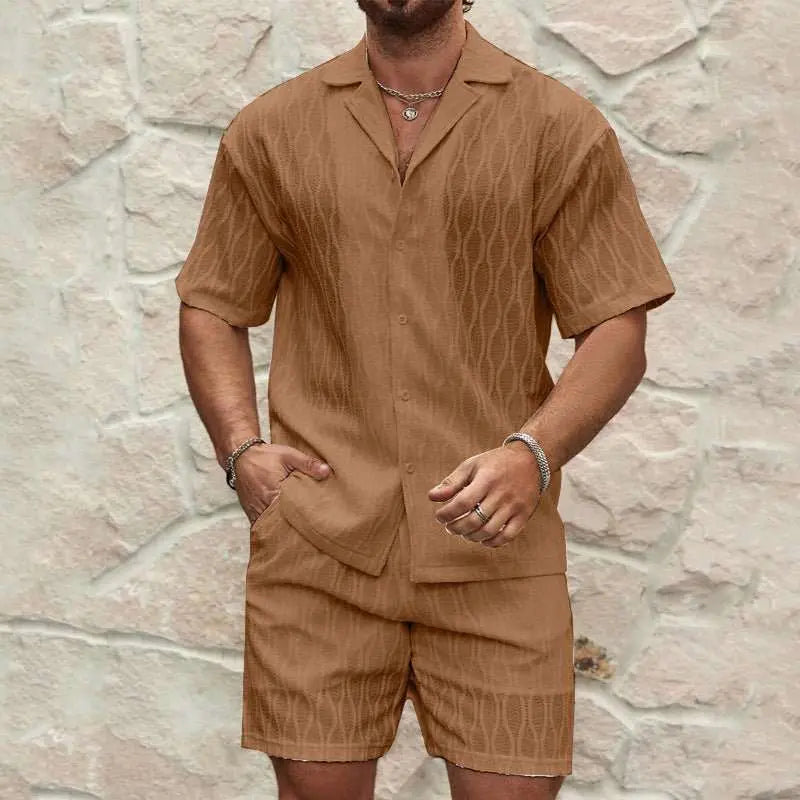Men Tracksuits Summer Fashion Solid Loose Casual Two Pieces Lapel Button Shirt Shorts Beach Holiday All - match Outfits Male - AMIR BAGS INDIA PRIVATE LIMITED