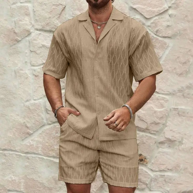 Men Tracksuits Summer Fashion Solid Loose Casual Two Pieces Lapel Button Shirt Shorts Beach Holiday All - match Outfits Male - AMIR BAGS INDIA PRIVATE LIMITED
