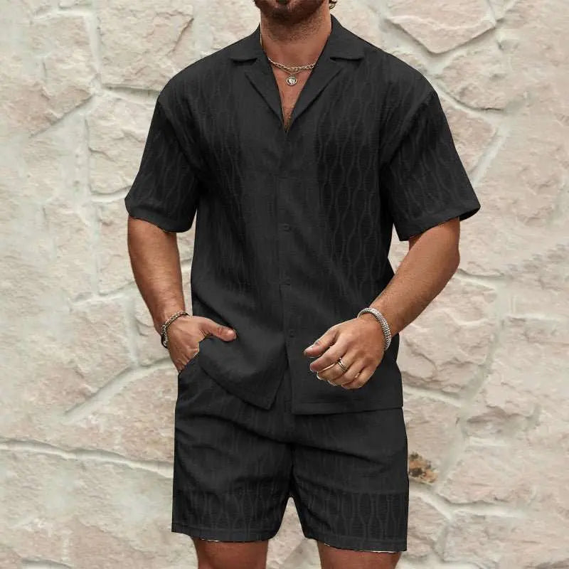 Men Tracksuits Summer Fashion Solid Loose Casual Two Pieces Lapel Button Shirt Shorts Beach Holiday All - match Outfits Male - AMIR BAGS INDIA PRIVATE LIMITED