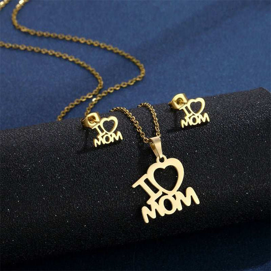 Mother's Day Jewelry Set Stainless Steel I Love Mom Mama Love Heart Pendant Necklace Earrings Thanksgiving Gift - AMIR BAGS INDIA PRIVATE LIMITED