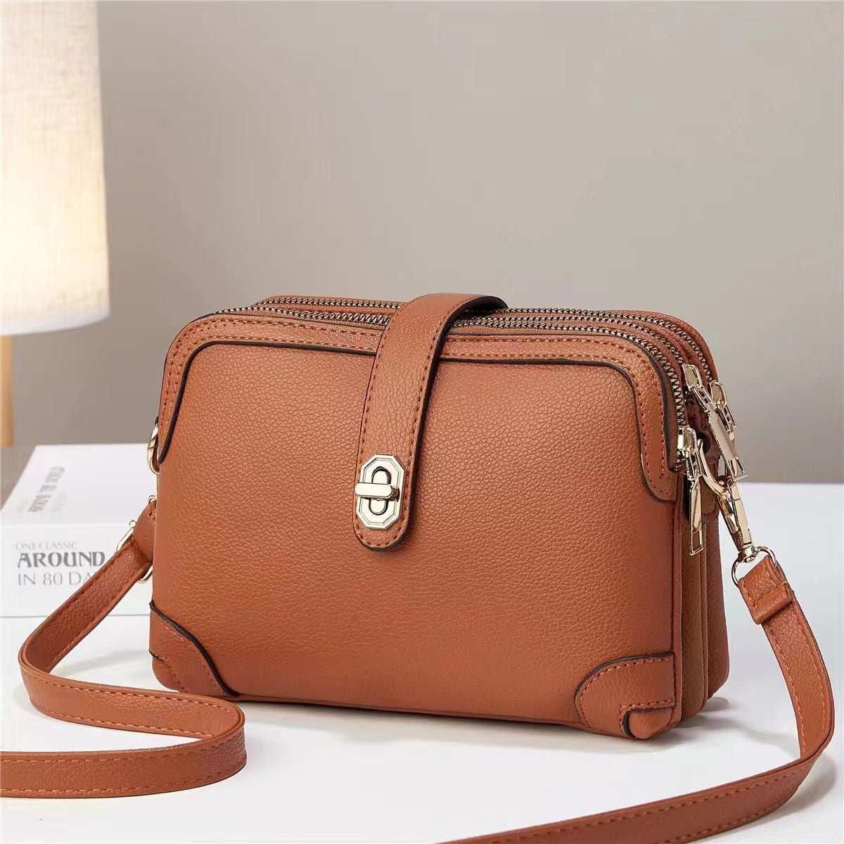 Multi - layer Lychee Pattern Simple Texture Soft Leather Western Style Multi - functional Shoulder Crossbody Small Square Bag - AMIR BAGS INDIA PRIVATE LIMITED