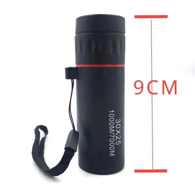 Compact black 2000x25 HD monocular telescope with red accent and wrist strap, measuring 9cm in height.