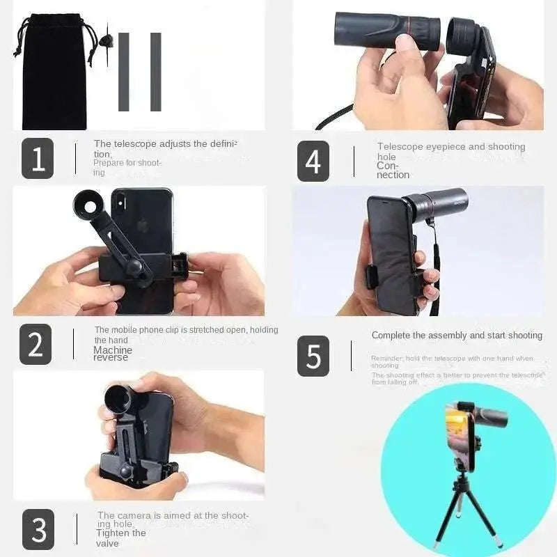 2000x25 HD monocular telescope with mobile phone holder for camping and birdwatching, shown in assembly and usage steps with tripod stand