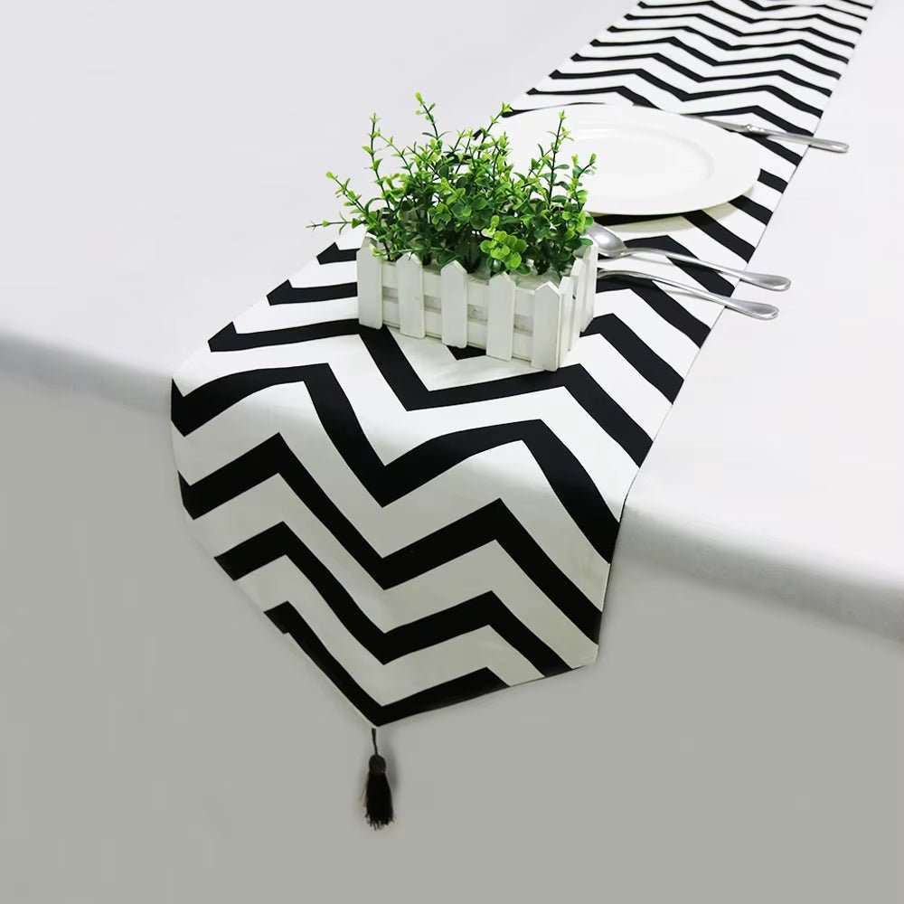 New Black White Striped Table Runner Tea Table TV Cabinet Tablecloth Home Decor Cover Table Cloth with Tassel Party Bed Runner - AMIR BAGS INDIA PRIVATE LIMITED