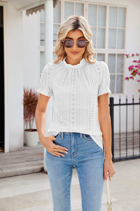 New Fashion Lacework Round Neck Top Summer Puff Sleeves Hollow Design Loose Pleated T-shirt For Womens Clothing - AMIR BAGS INDIA PRIVATE LIMITED